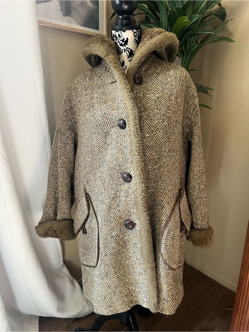 Herringbone Hooded Pea Coat in Olive-Tan with Faux Shearling Trim